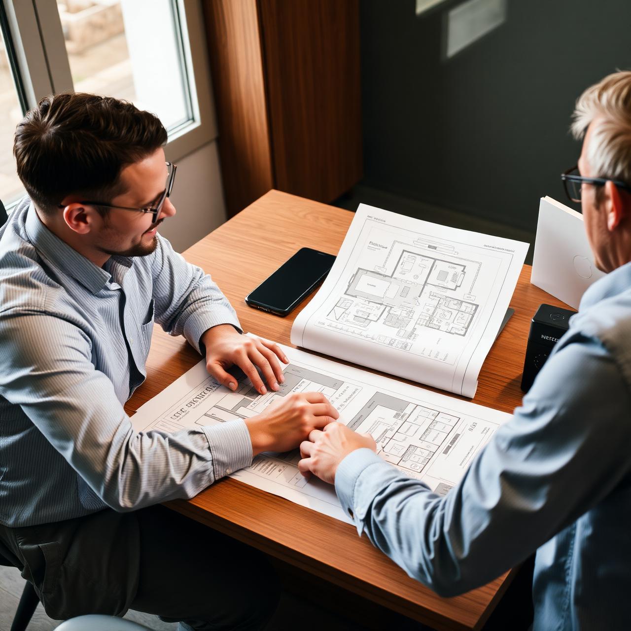 Specialist en klant bespreken plattegrond voor beveiliging op maat