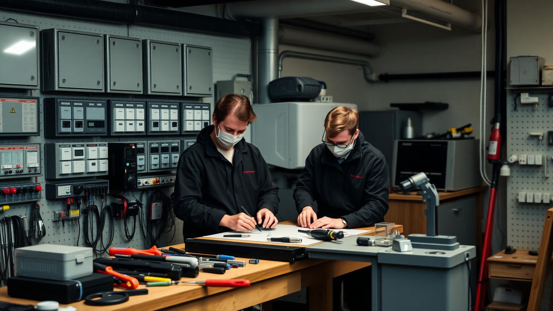 Team van Alarmspecialist aan het werk in werkplaats met beveiligingsapparatuur