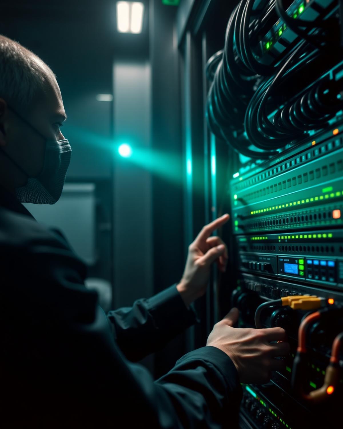 Specialist werkt aan netwerk- en beveiligingsapparatuur in serverkast