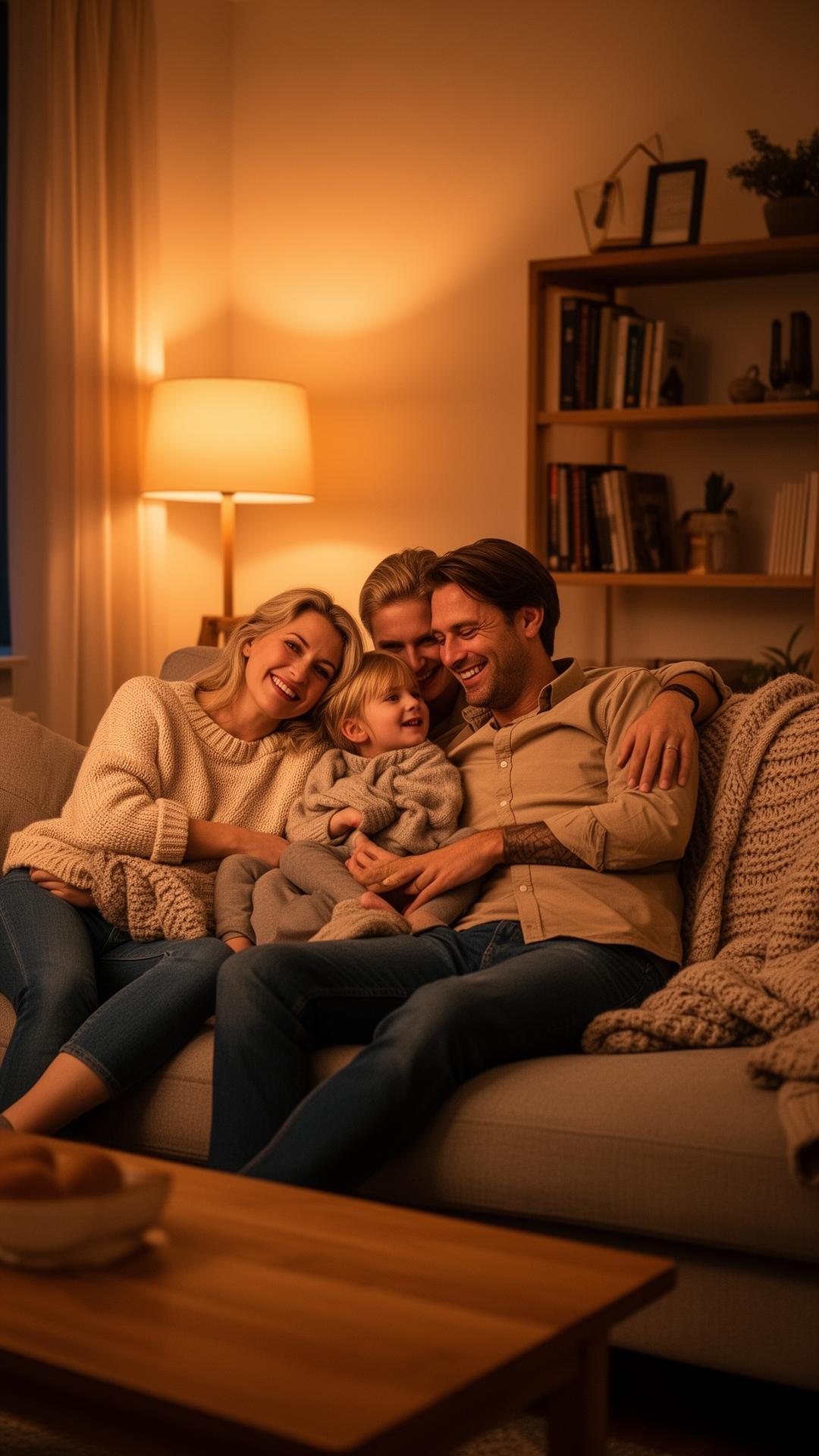 Gezin geniet ontspannen van een veilige avond thuis